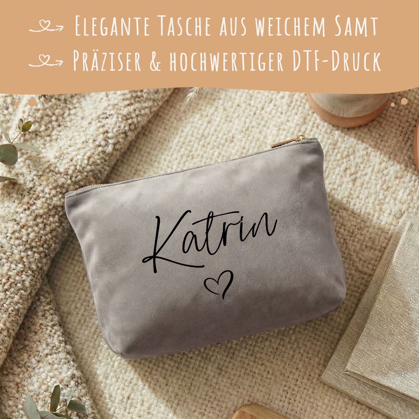 Personalisierte Samt Kosmetiktasche mit Name für Kosmetik & MakeUp