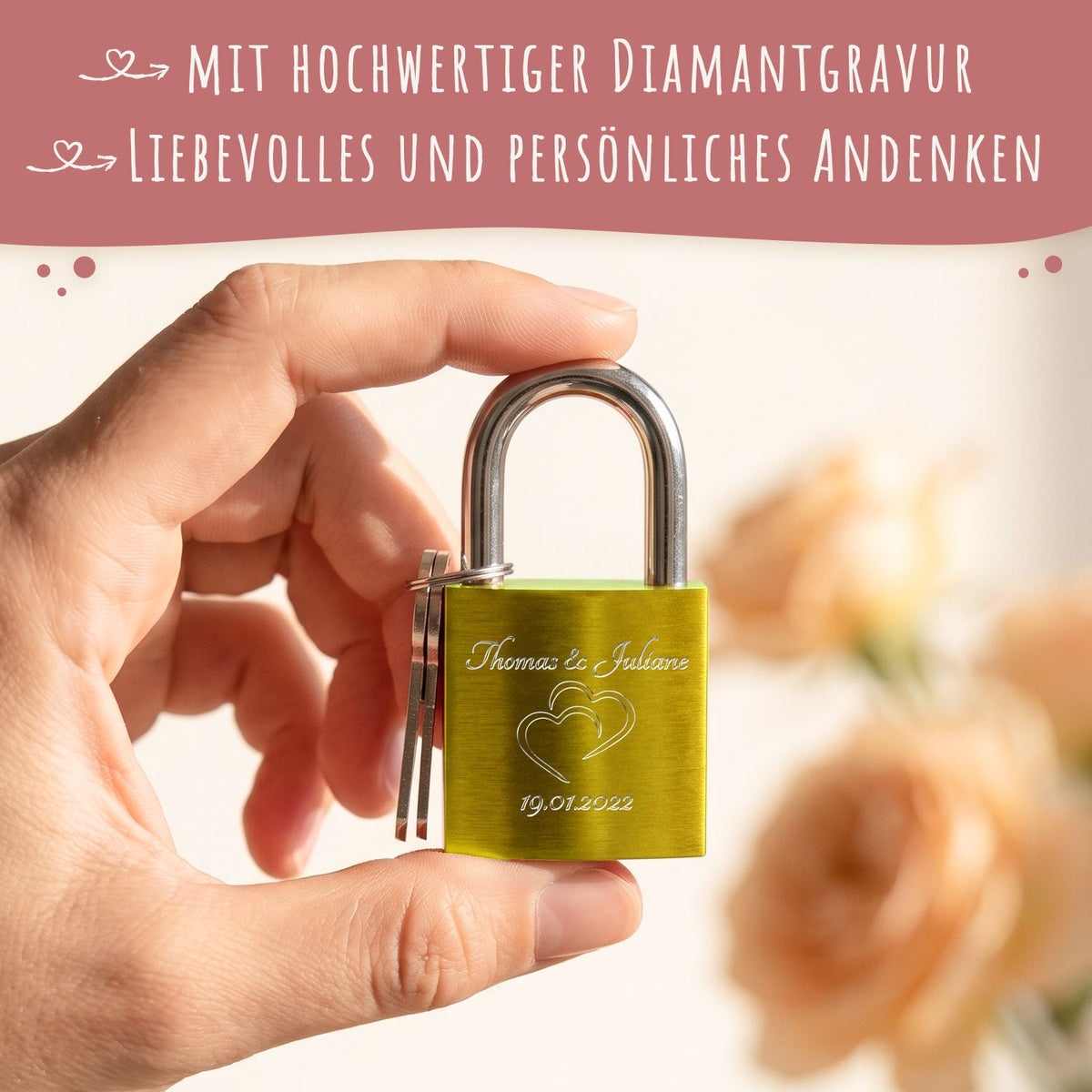 Liebesschloss in Gelb mit Gravur