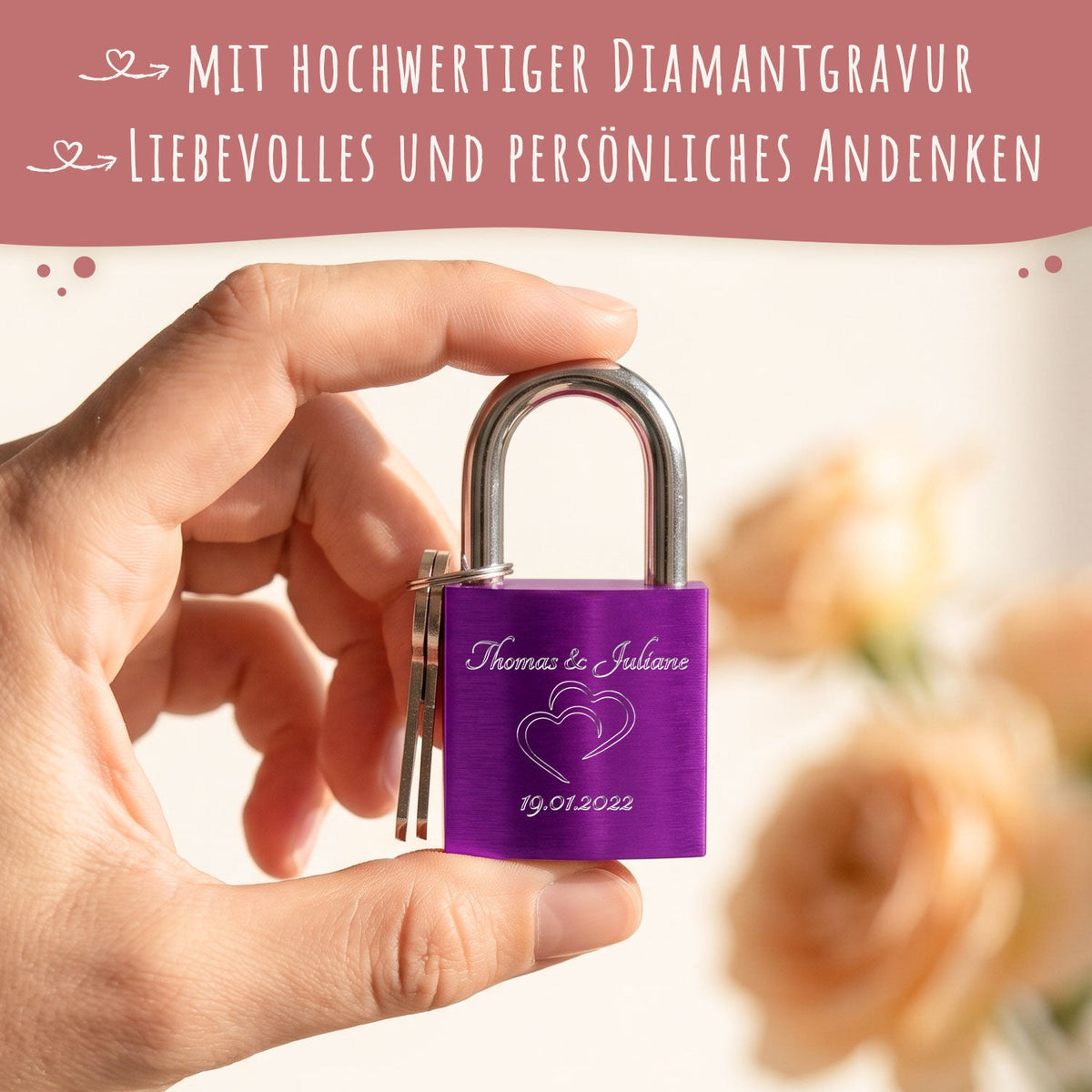 Liebesschloss in Lila mit Gravur