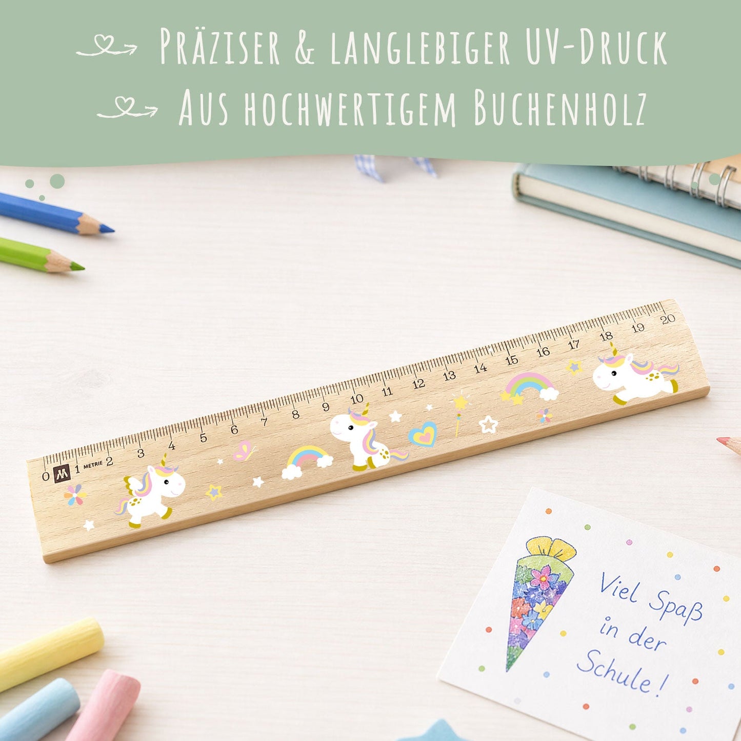 Lineal zur Einschulung im Einhörner Design für Kinder aus Holz