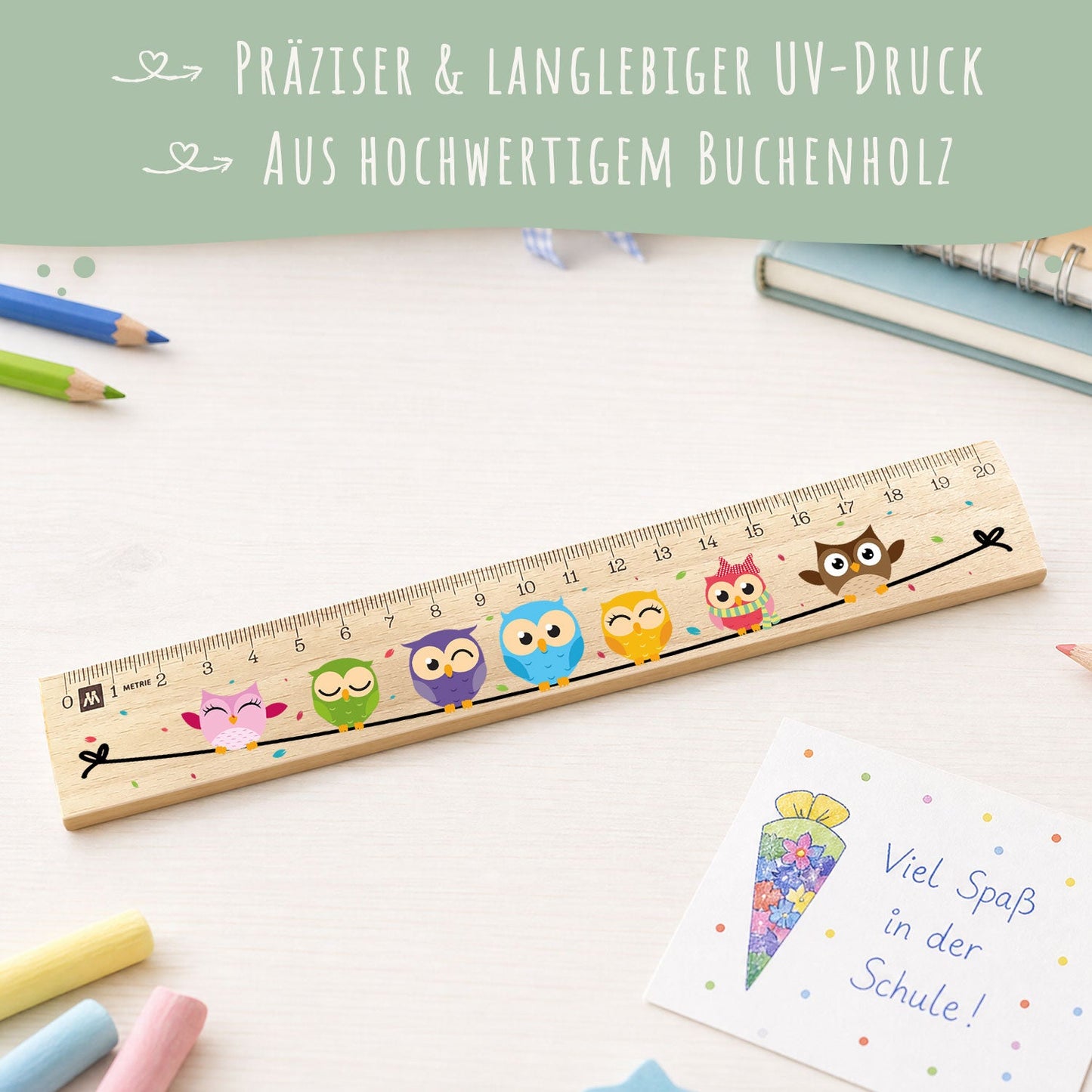 Lineal zur Einschulung im Eulen Design für Kinder aus Holz