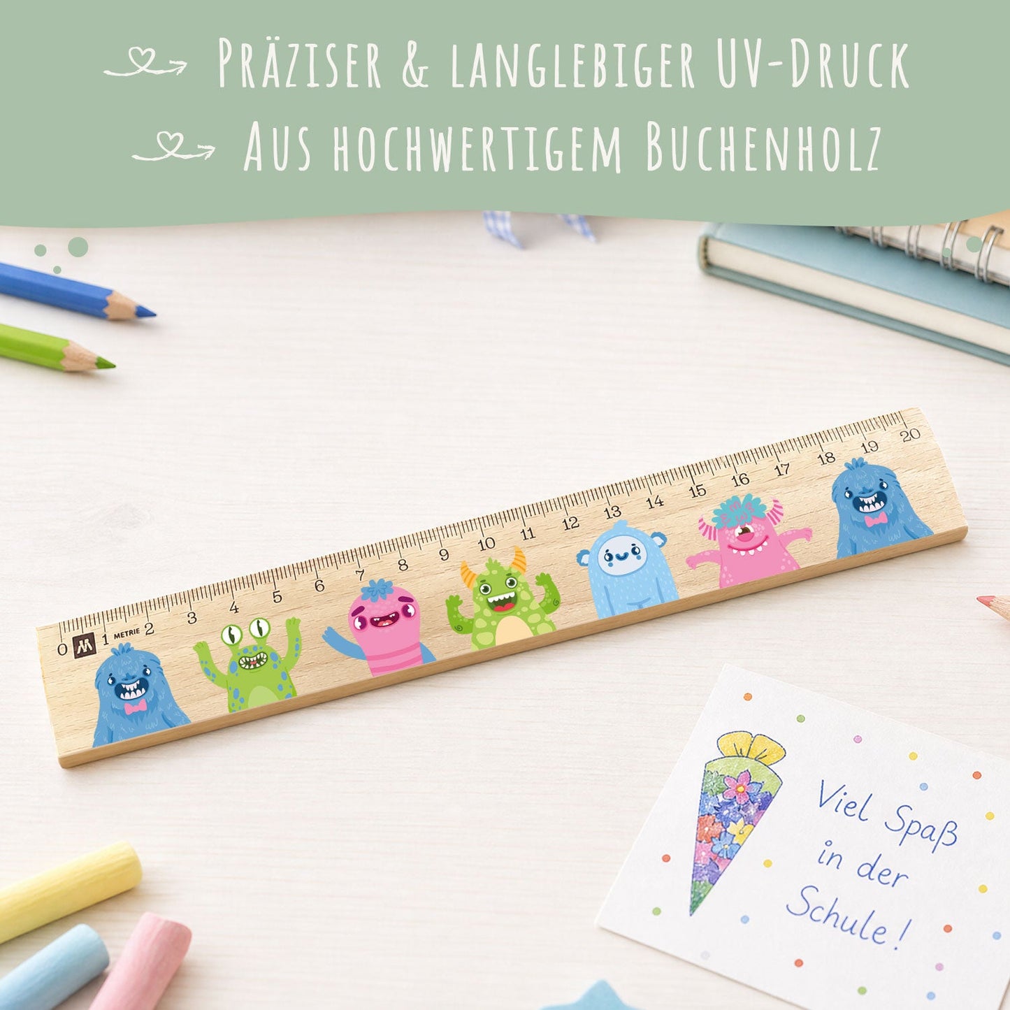 Lineal zur Einschulung im Monster Design für Kinder aus Holz