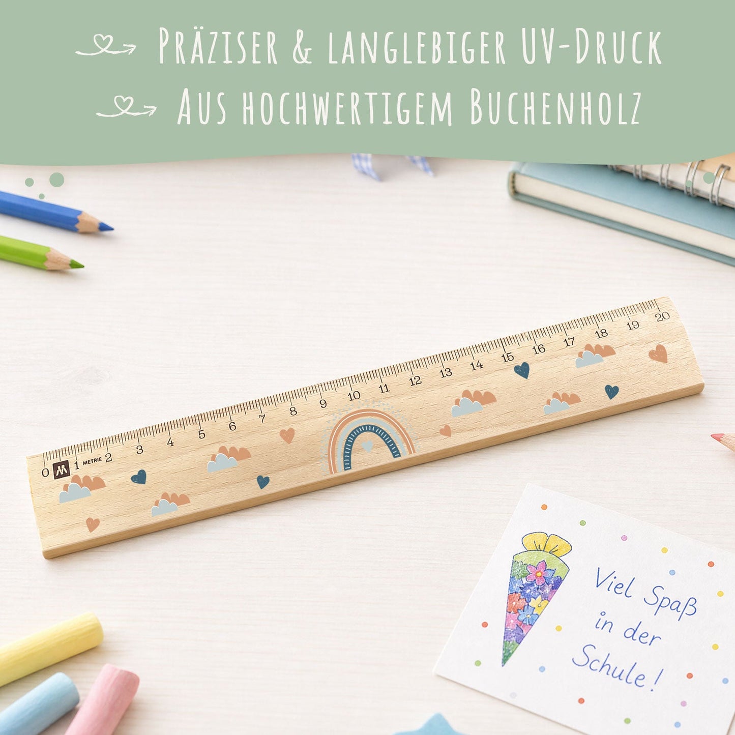 Lineal zur Einschulung im Regenbogen Design für Kinder aus Holz