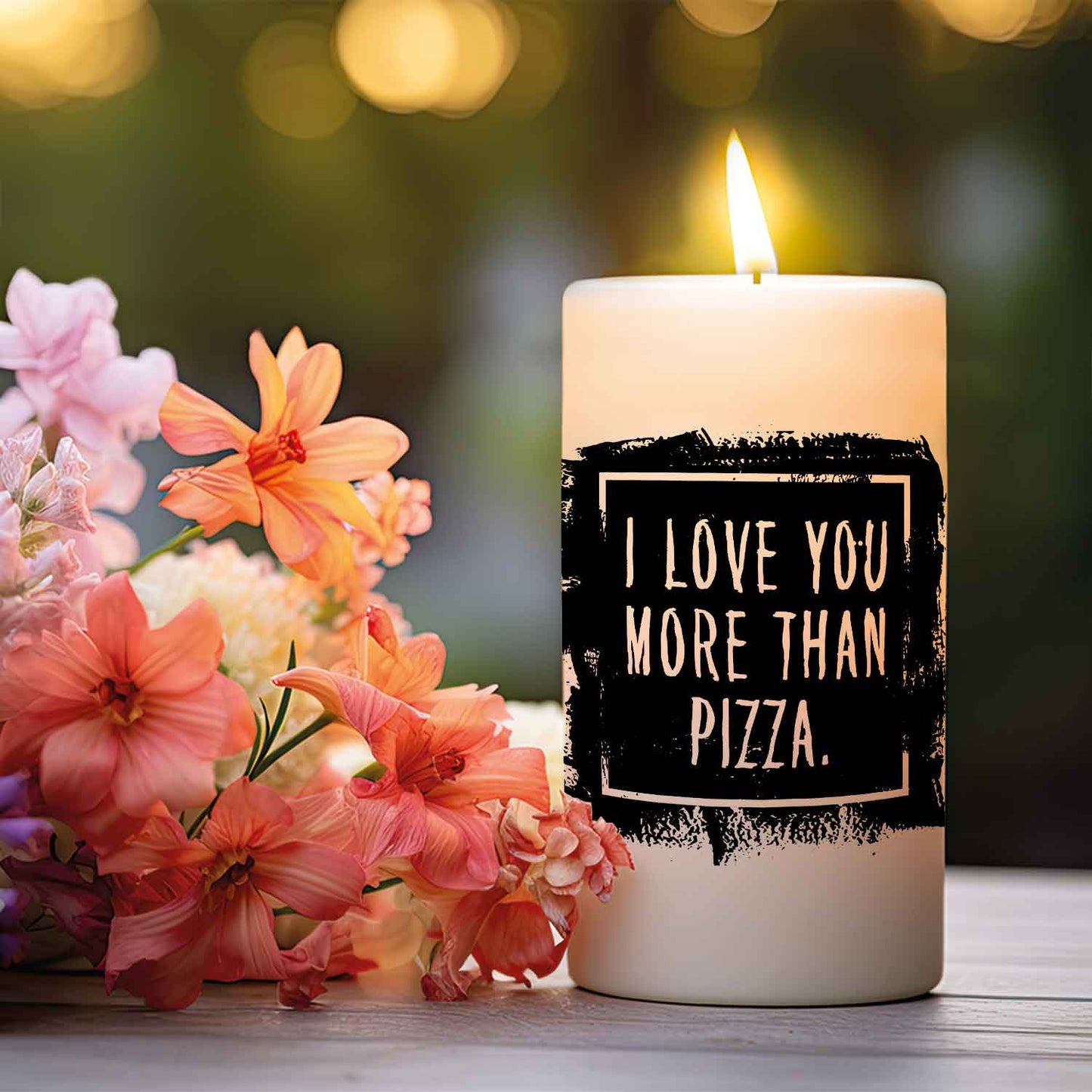 Kleine Kerze mit Spruch "I Love You more than Pizza"