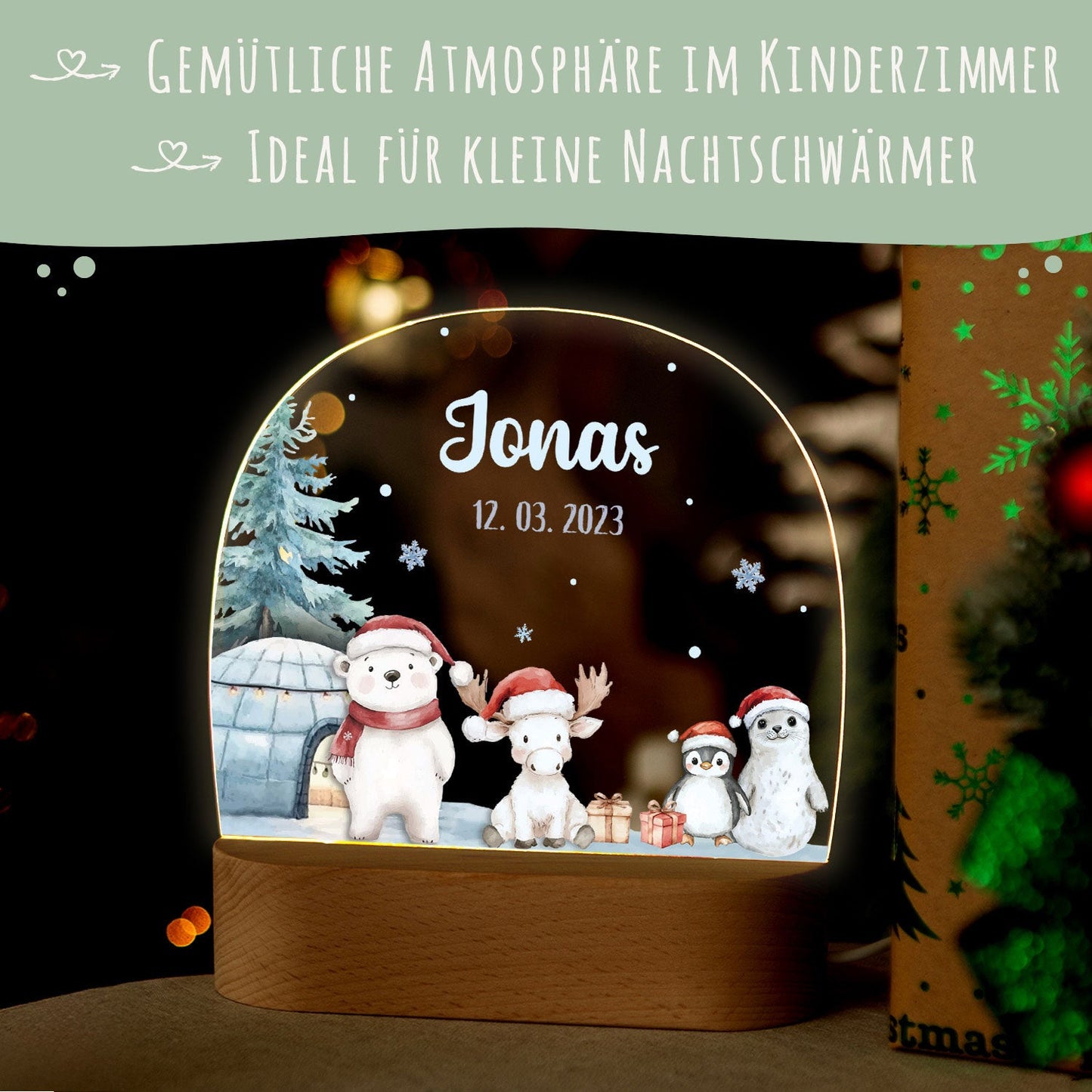 Kinder LED Nachtlicht mit Sockel aus Holz - "Nordpol"
