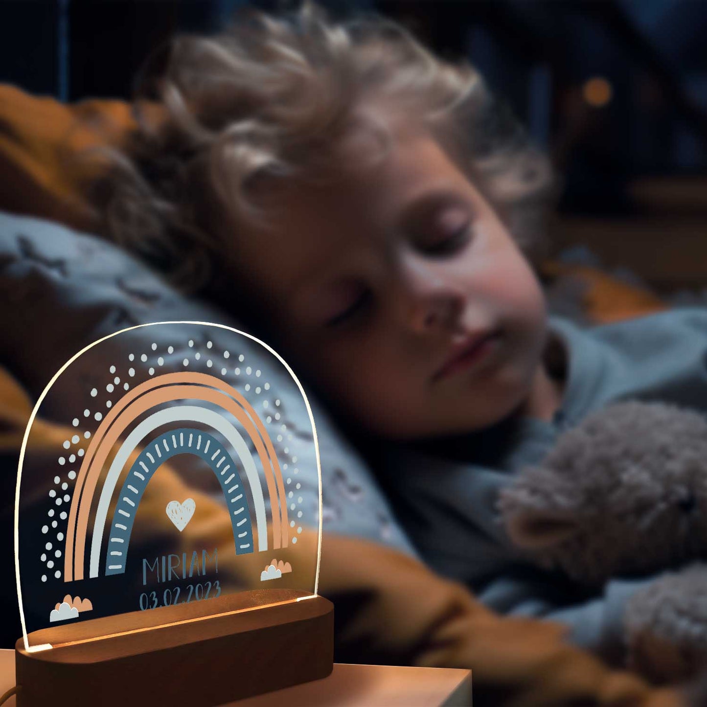 Kinder LED Nachtlicht mit Sockel aus Holz im Regenbogen Design