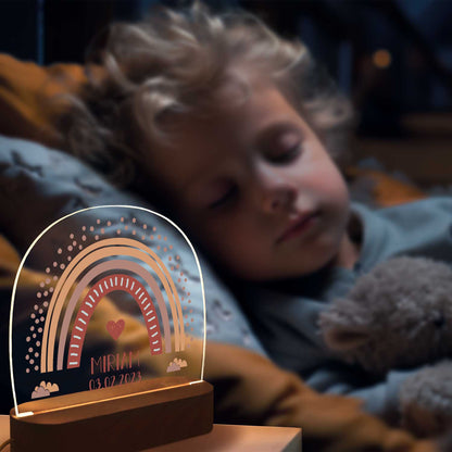 Kinder LED Nachtlicht mit Sockel aus Holz im Regenbogen Design