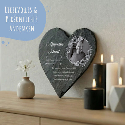 Bedrucktes Schieferherz - In Gedenken V1 - Personalisiertes Geschenk