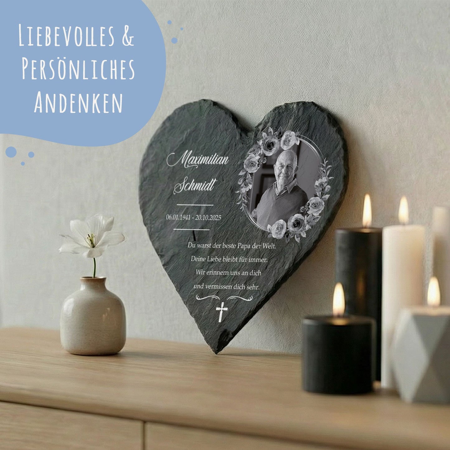 Bedrucktes Schieferherz - In Gedenken V2 - Personalisiertes Geschenk