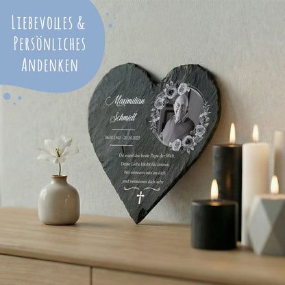 Bedrucktes Schieferherz - In Gedenken V2 - Personalisiertes Geschenk
