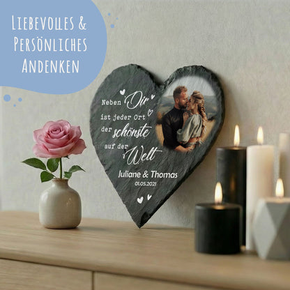 Bedrucktes Schieferherz - Paarfoto - Personalisiertes Geschenk