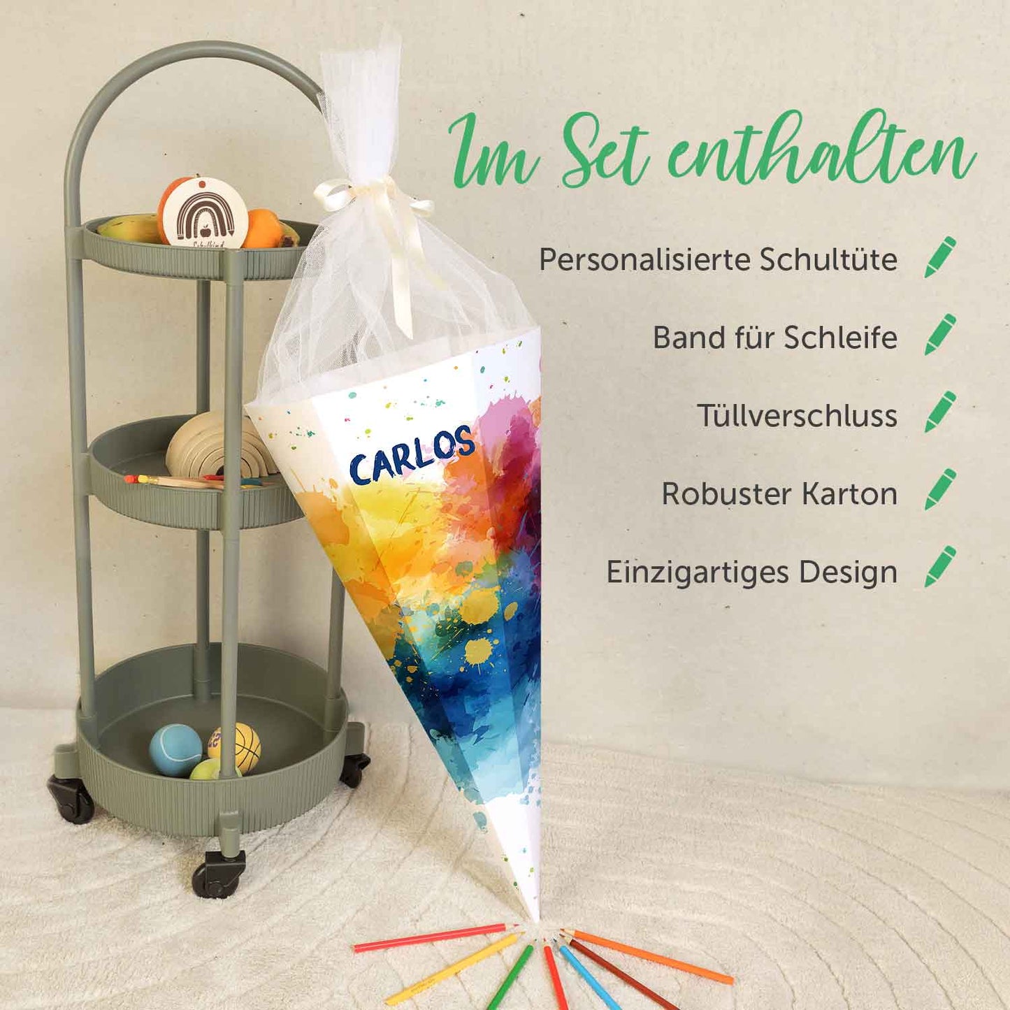Bedruckte Schultüte mit Namen - Color Splash