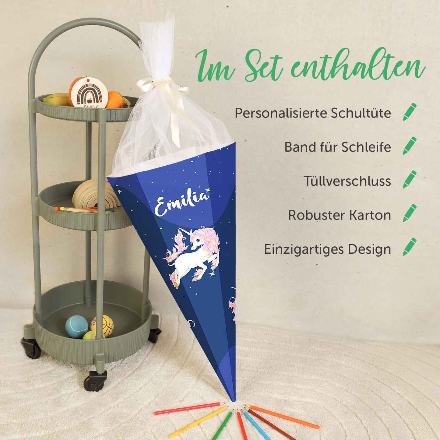 Bedruckte Schultüte mit Namen - Einhorn