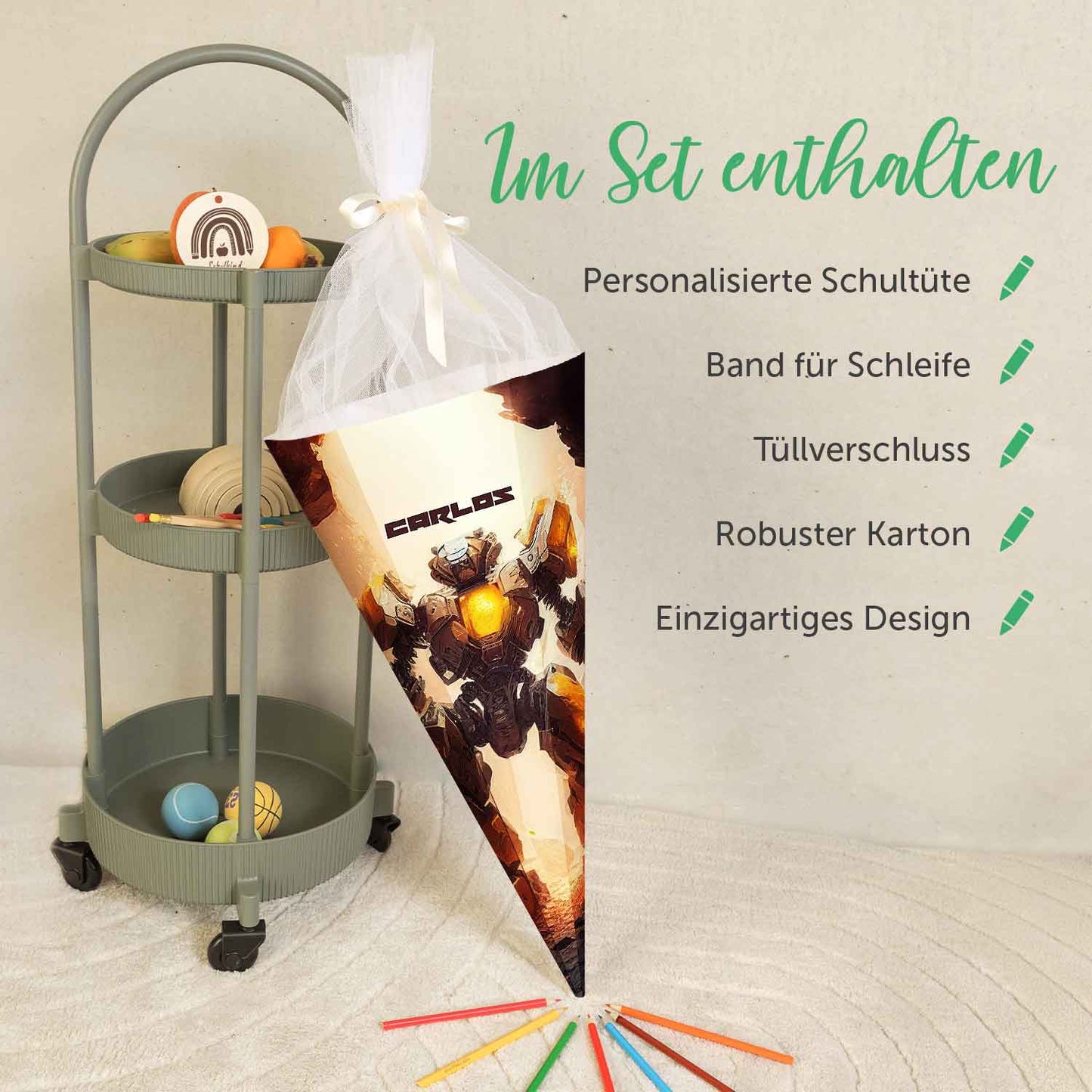 Bedruckte Schultüte mit Namen - Roboter