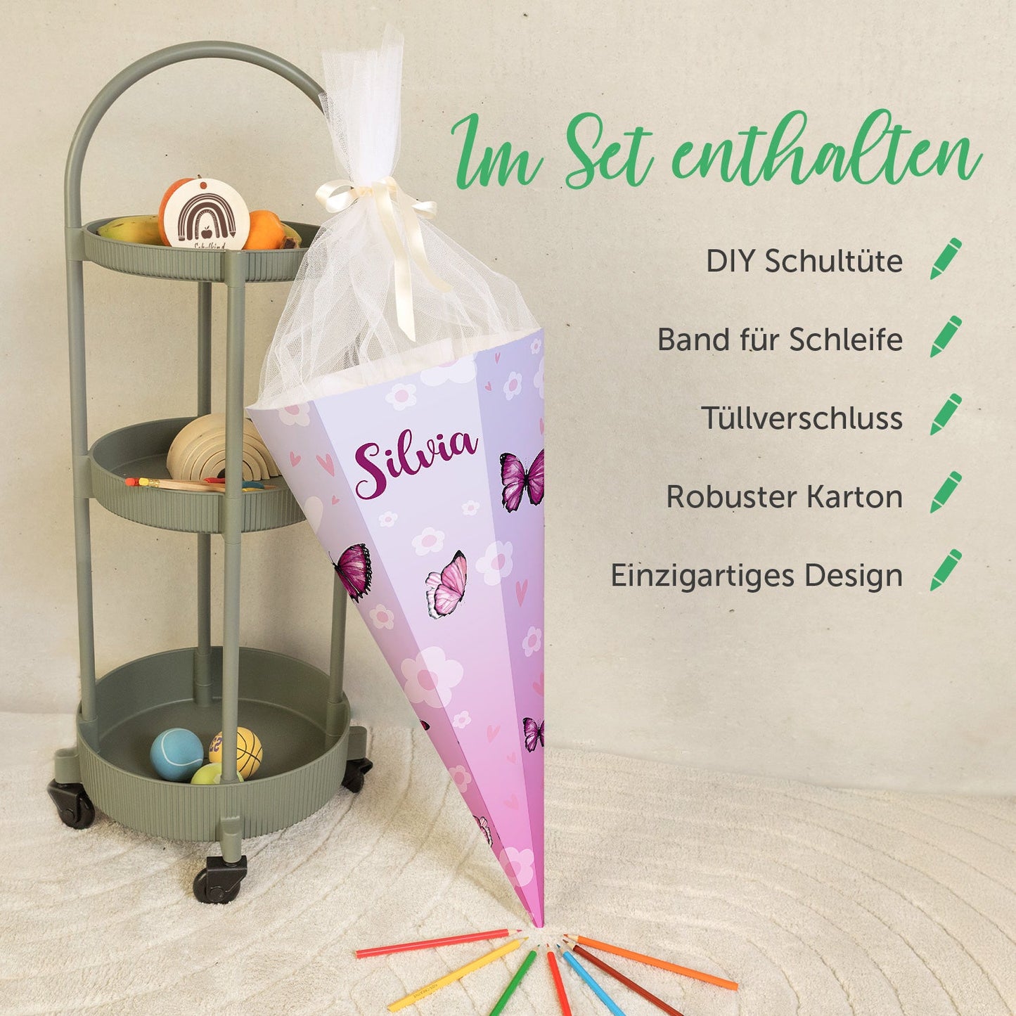 Bedruckte Schultüte mit Namen - Schmetterling