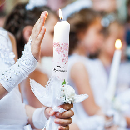 Stabkerze "Kirschblüten"- Kommunion Kerze mit Namen & Datum