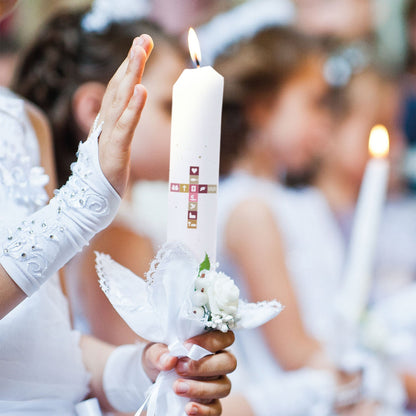 Stabkerze "Kreuz Symbole"- Kommunion Kerze mit Namen & Datum