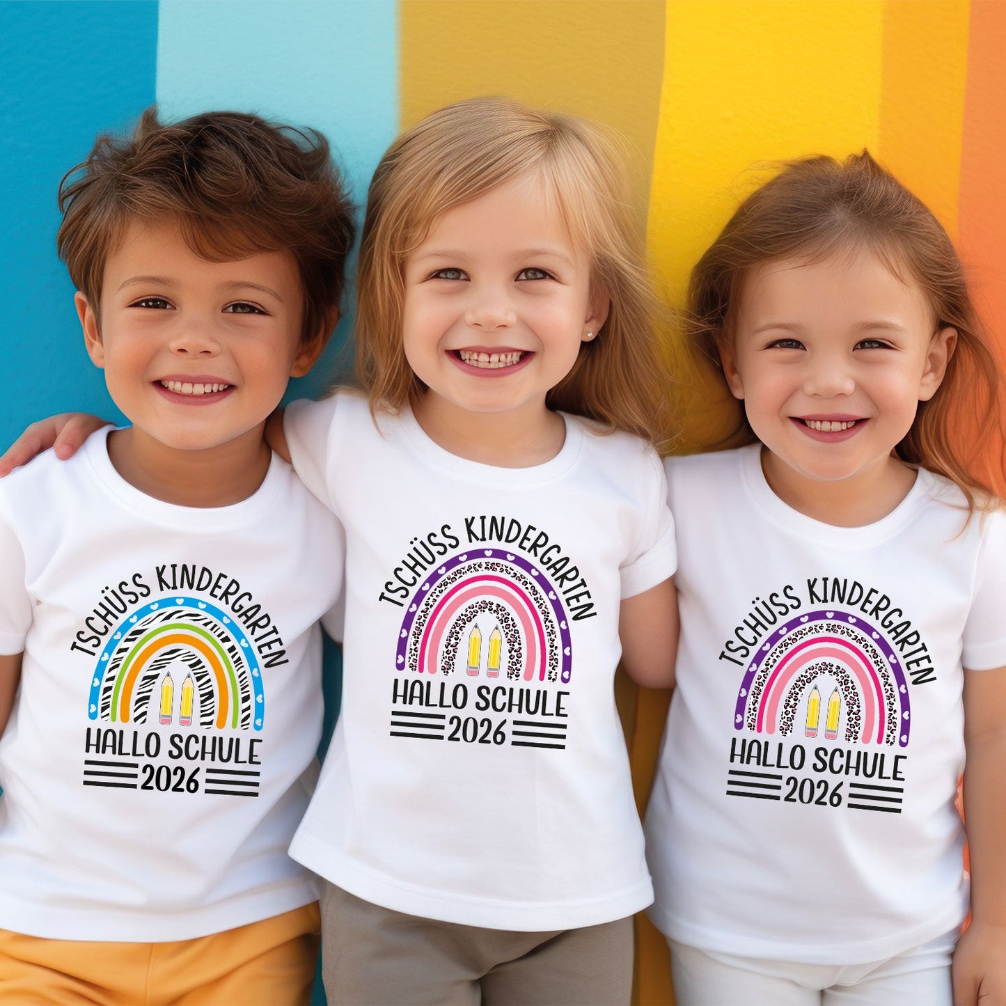 Bedrucktes T-Shirt für Kinder - Tschüss Kindergarten Regenbogen Lila