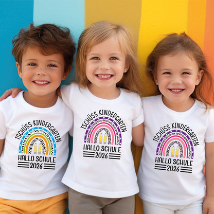 Bedrucktes T-Shirt für Kinder - Tschüss Kindergarten Regenbogen Lila