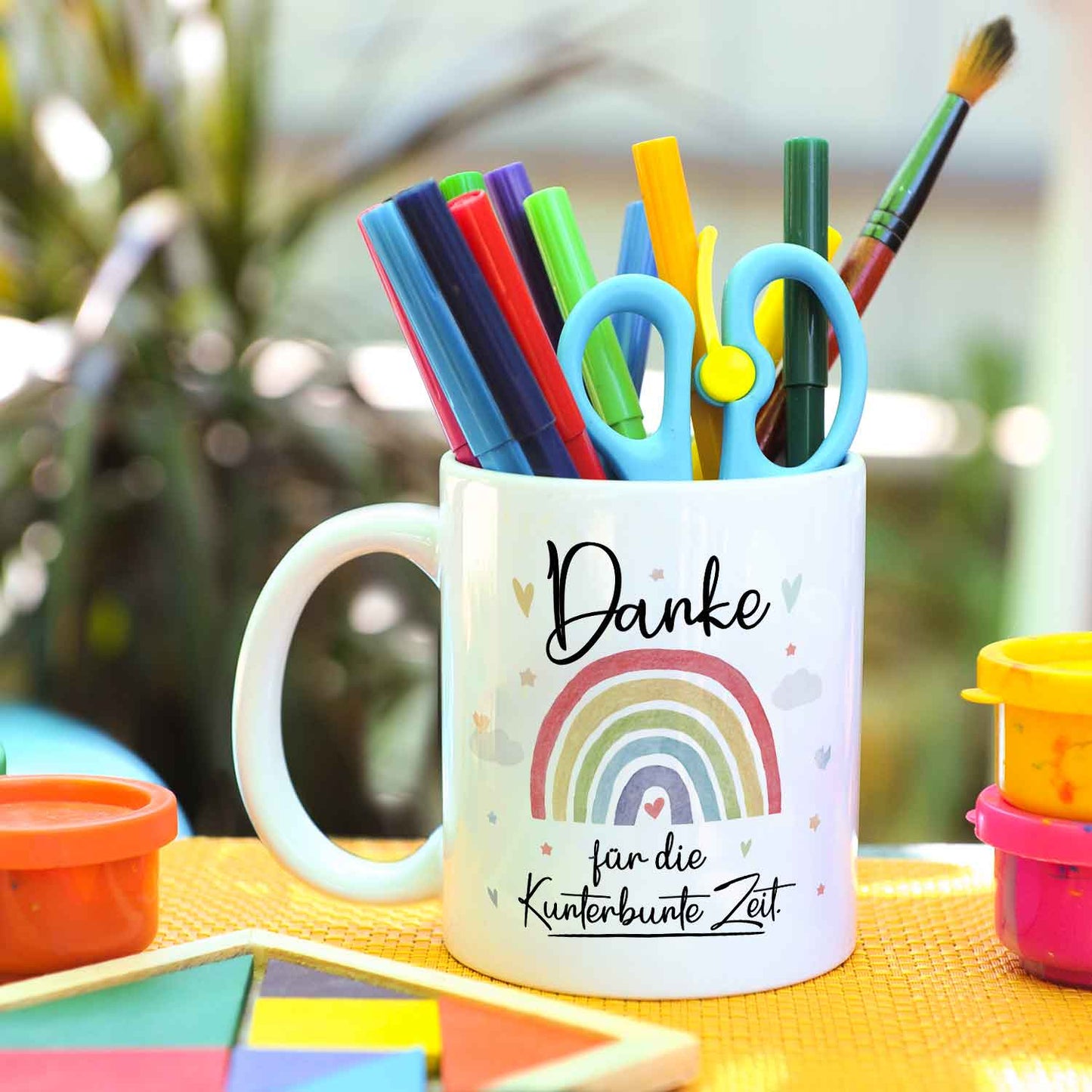 Bedruckte Tasse mit Spruch "Danke für die Kunterbunte Zeit"