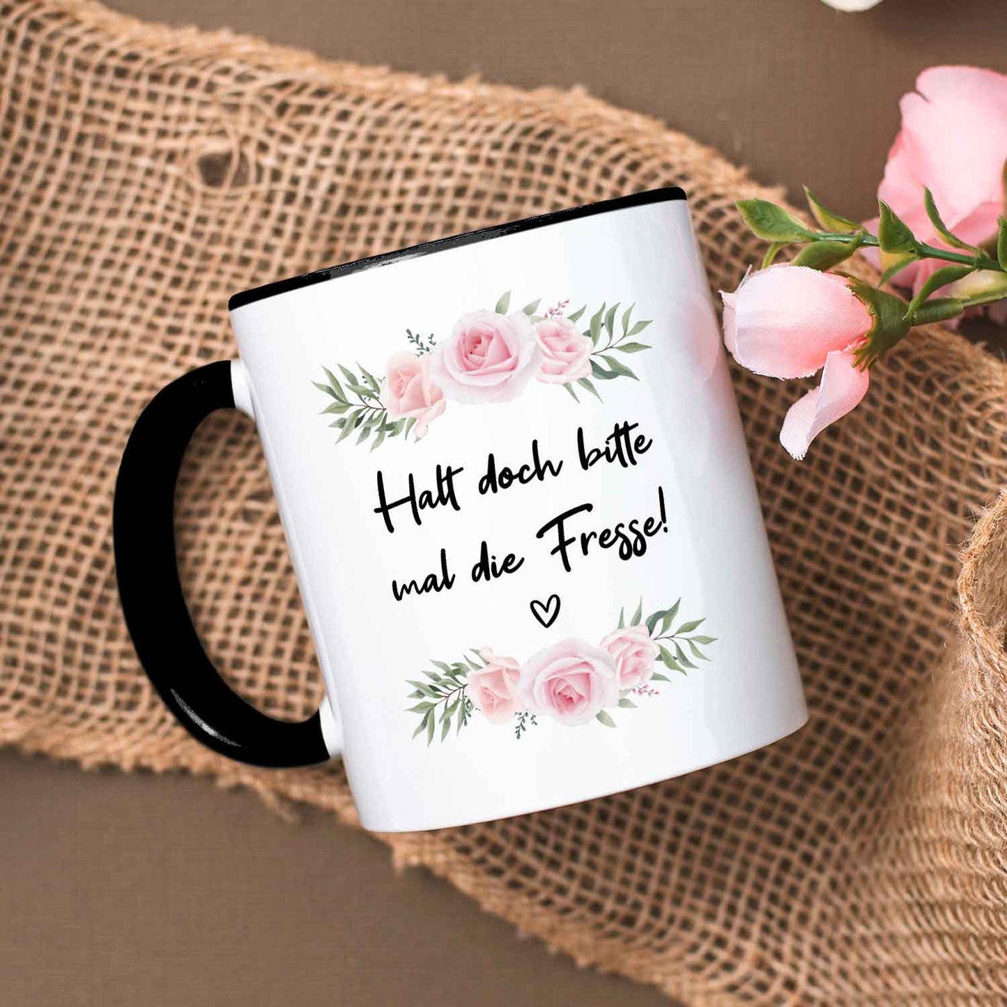 Bedruckte Tasse mit Spruch - "Halt doch bitte mal die Fresse!"