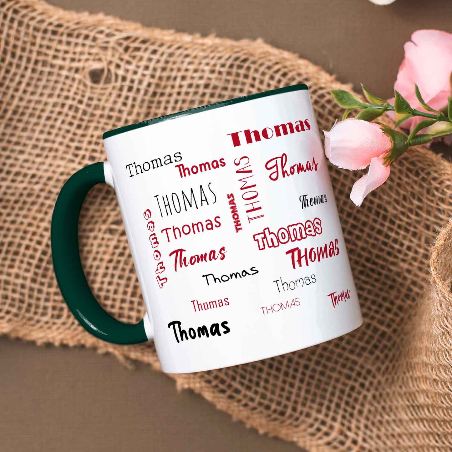 Bedruckte Tasse mit Namen in verschiedenen Schriftarten