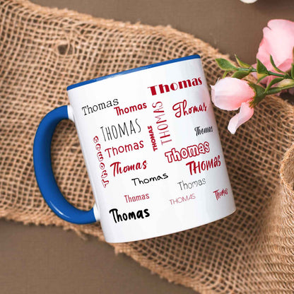 Bedruckte Tasse mit Namen in verschiedenen Schriftarten