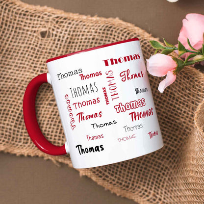 Bedruckte Tasse mit Namen in verschiedenen Schriftarten