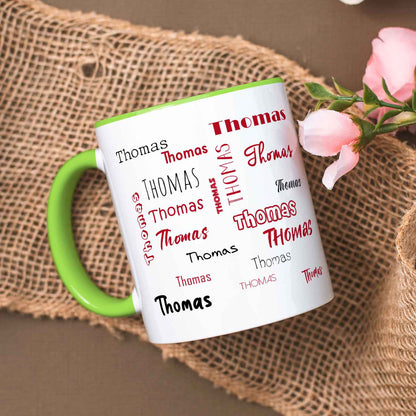 Bedruckte Tasse mit Namen in verschiedenen Schriftarten