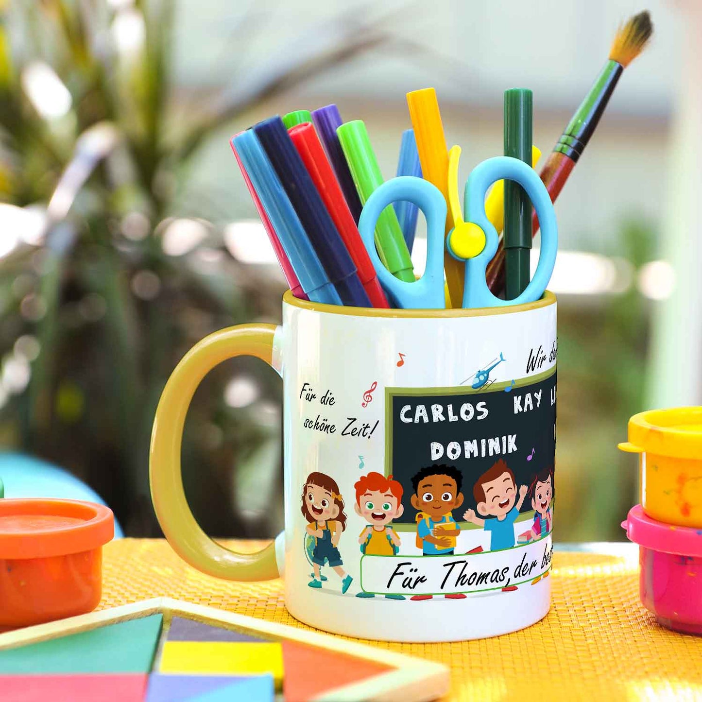 Bedruckte Tasse mit Spruch Erzieher/in Abschied mit Tafel