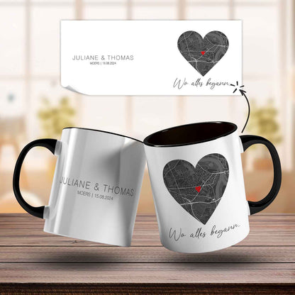 Bedruckte Tasse mit "Wo alles begann" Motiv - Personalisiertes Geschenk mit Wunschkoordinaten