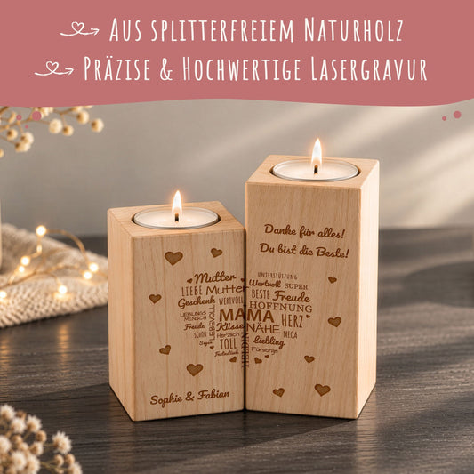 Gravierter Teelichthalter aus Holz - Namensherz Mama