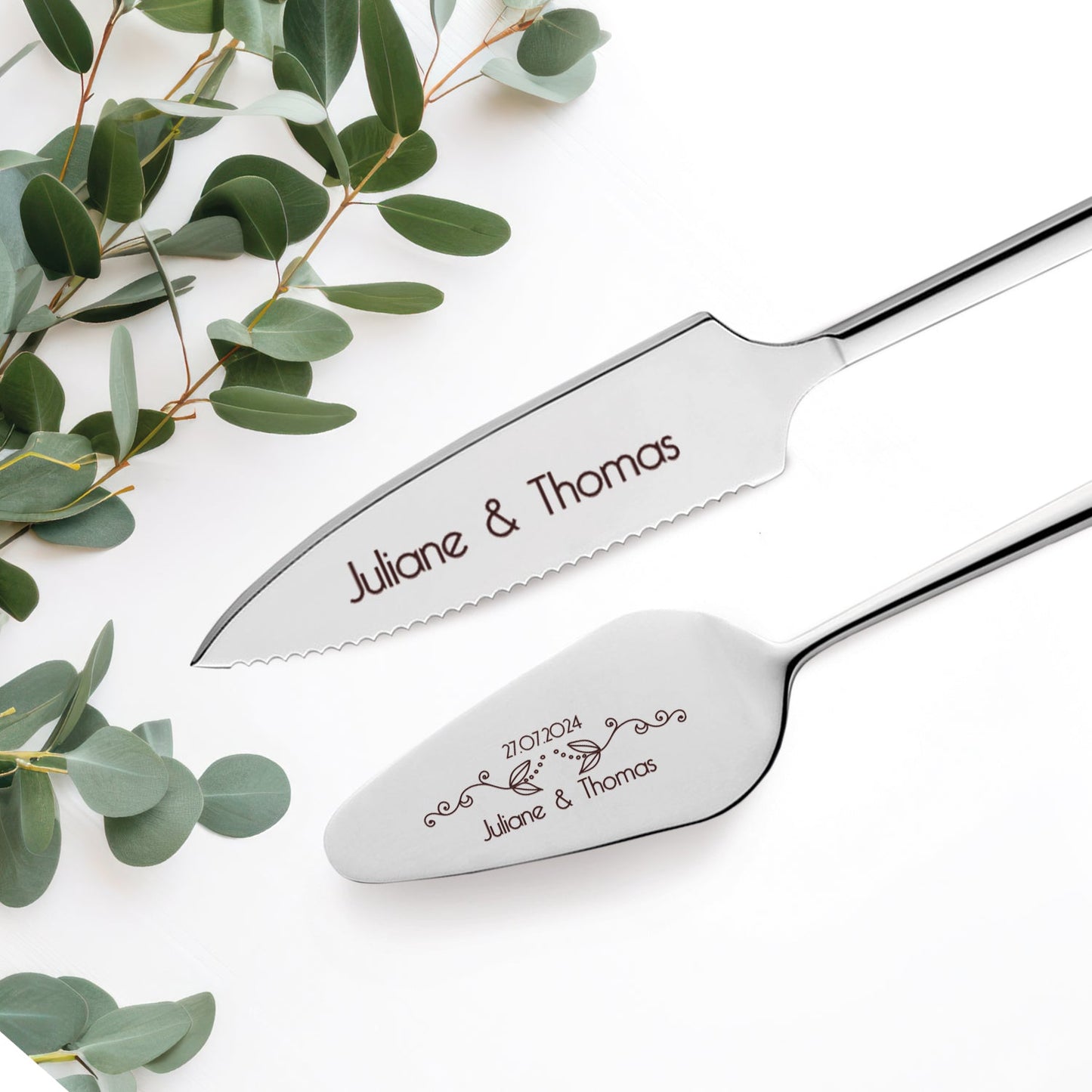 Tortenbesteck im Set - Blumenranke - Mit persönlicher Gravur als Geschenk zur Hochzeit