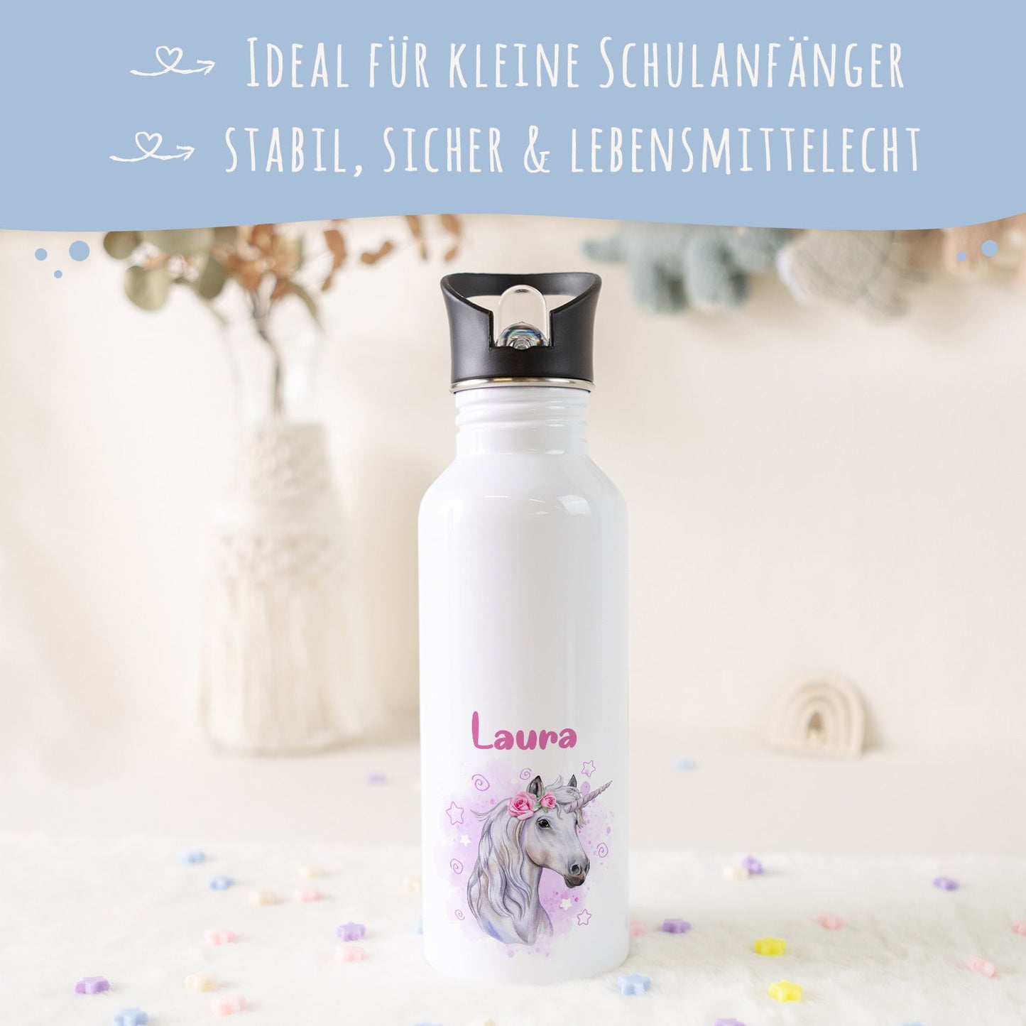 Bedruckte Trinkflasche aus Edelstahl - Einhorn