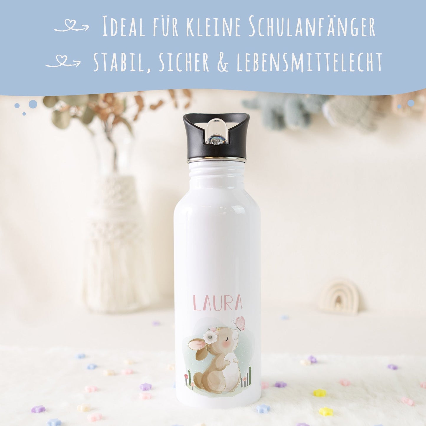 Bedruckte Trinkflasche aus Edelstahl - Hase