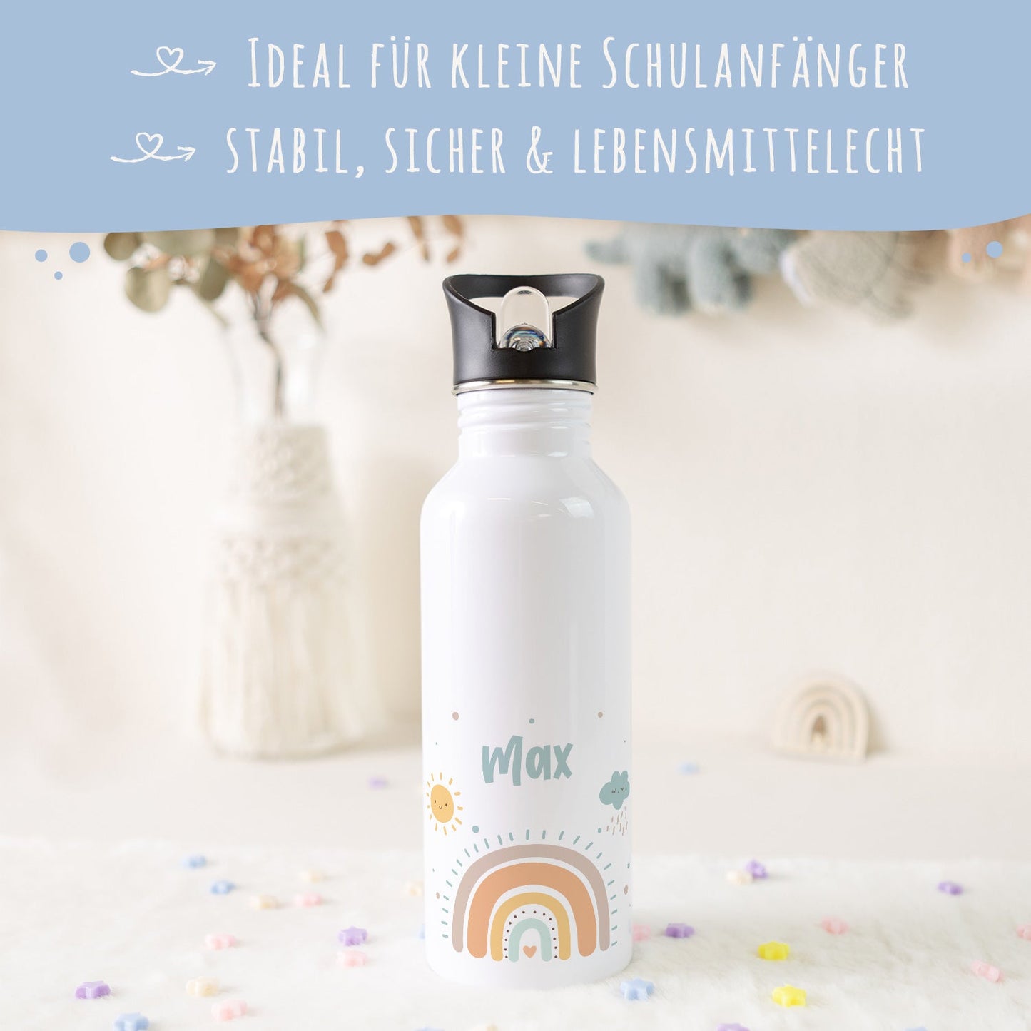 Bedruckte Trinkflasche aus Edelstahl - Regenbogen Pastell