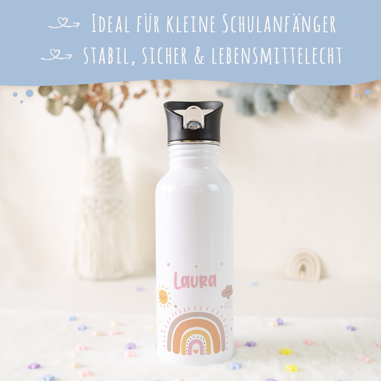 Bedruckte Trinkflasche aus Edelstahl - Regenbogen Pastell