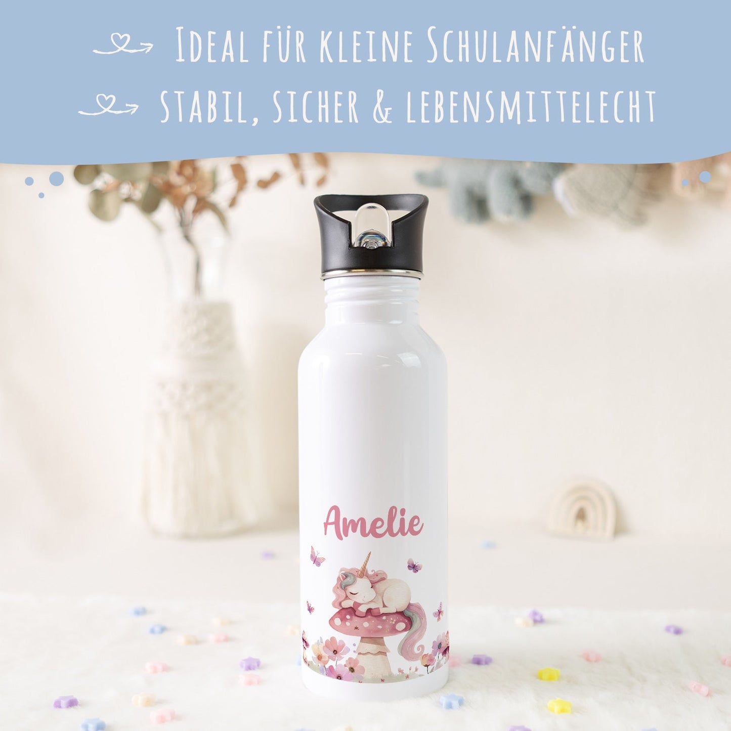 Bedruckte Trinkflasche aus Edelstahl - Schlafendes Einhorn