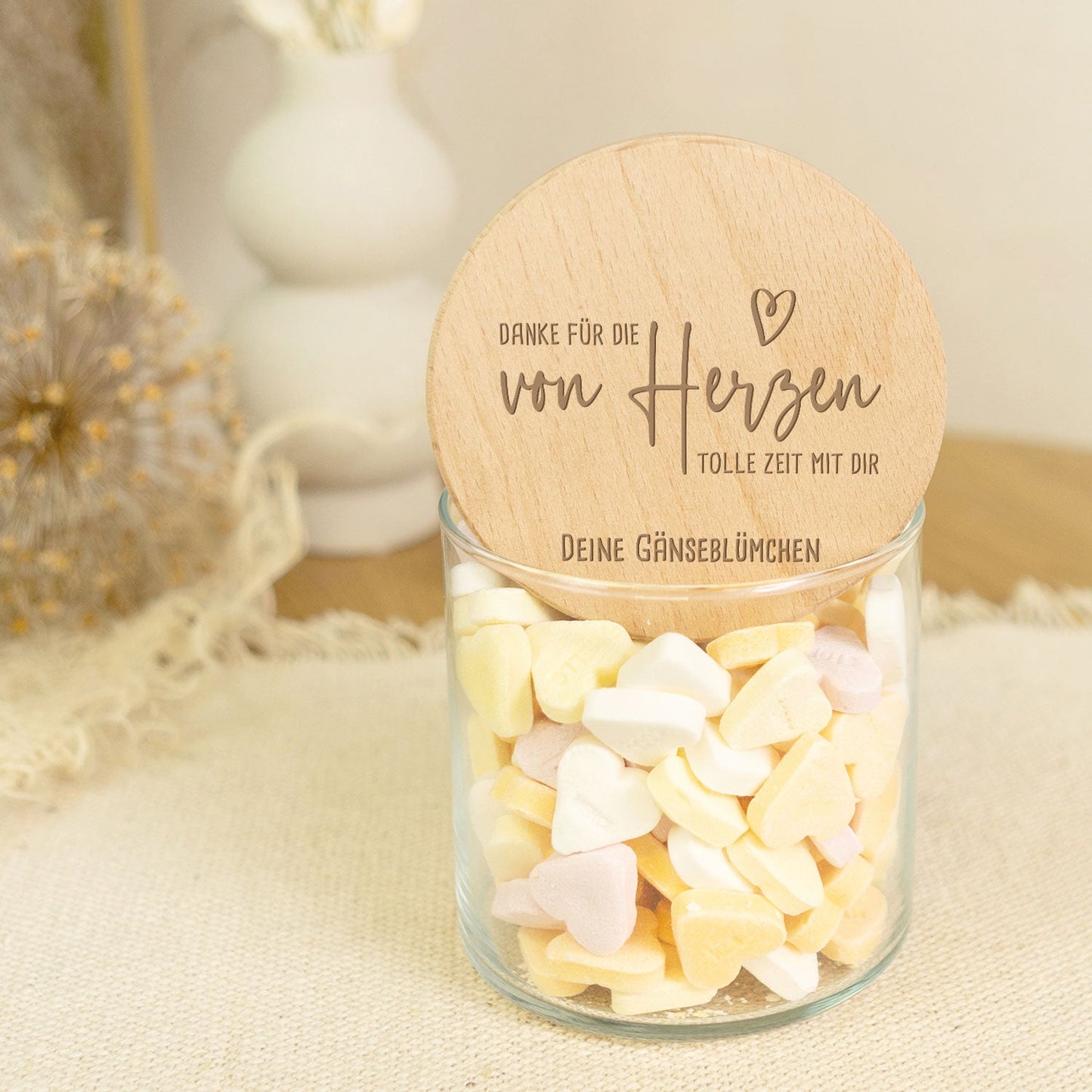 Graviertes Vorratsglas mit Holzdeckel - Danke von Herzen