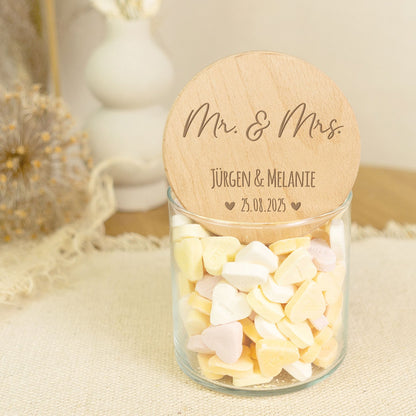 Graviertes Vorratsglas mit Holzdeckel - Mr & Mrs