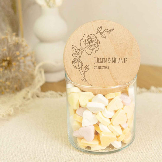 Graviertes Vorratsglas mit Holzdeckel - Rose