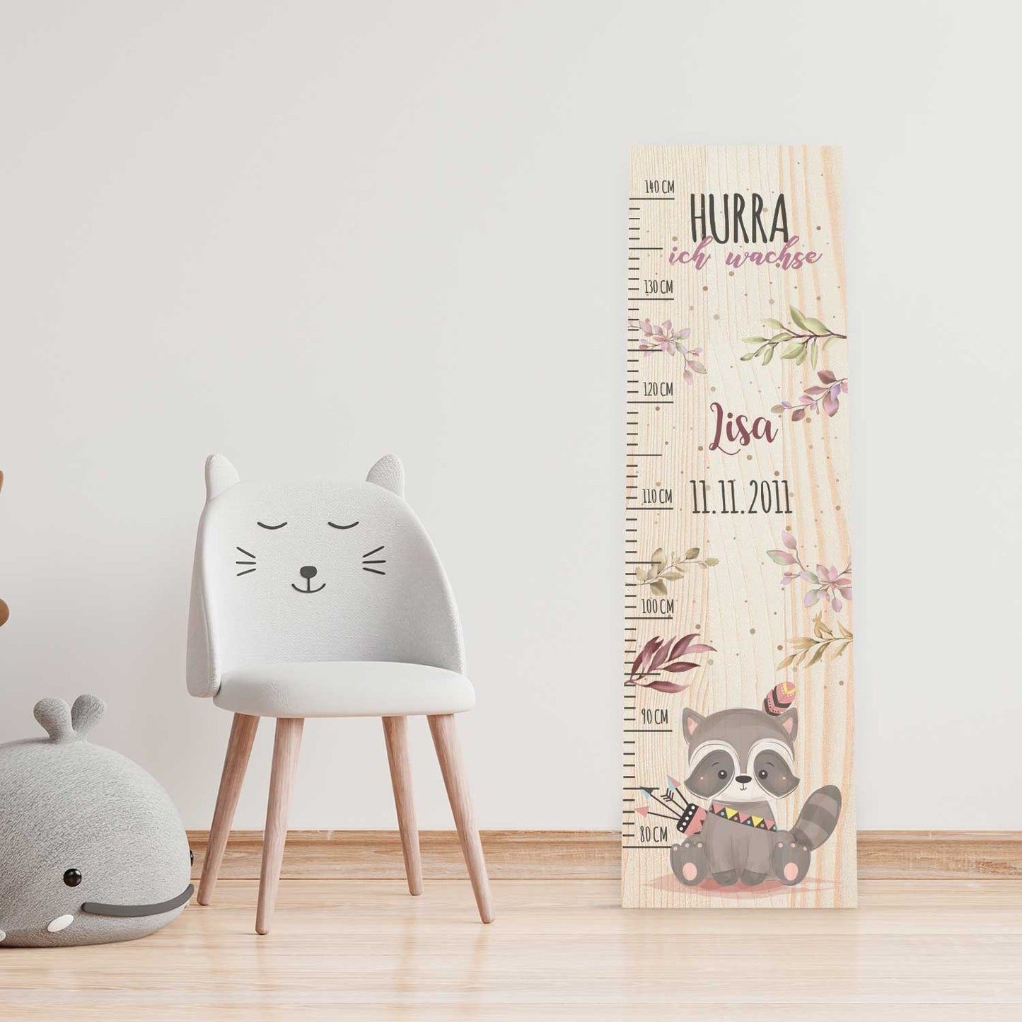 Messlatte mit Namen für Kinder im Waschbär Design