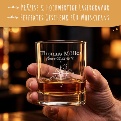 Leonardo Whiskygläser mit Gravur - "Kompass" im Set mit 0,5l Karaffe