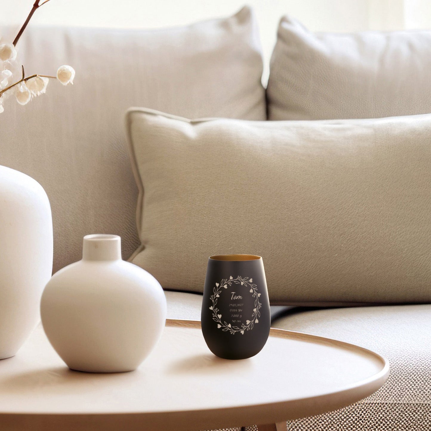 Deko Windlicht aus Glas mit Gravur - Geschenk zur Geburt - Personalisiert mit Namen