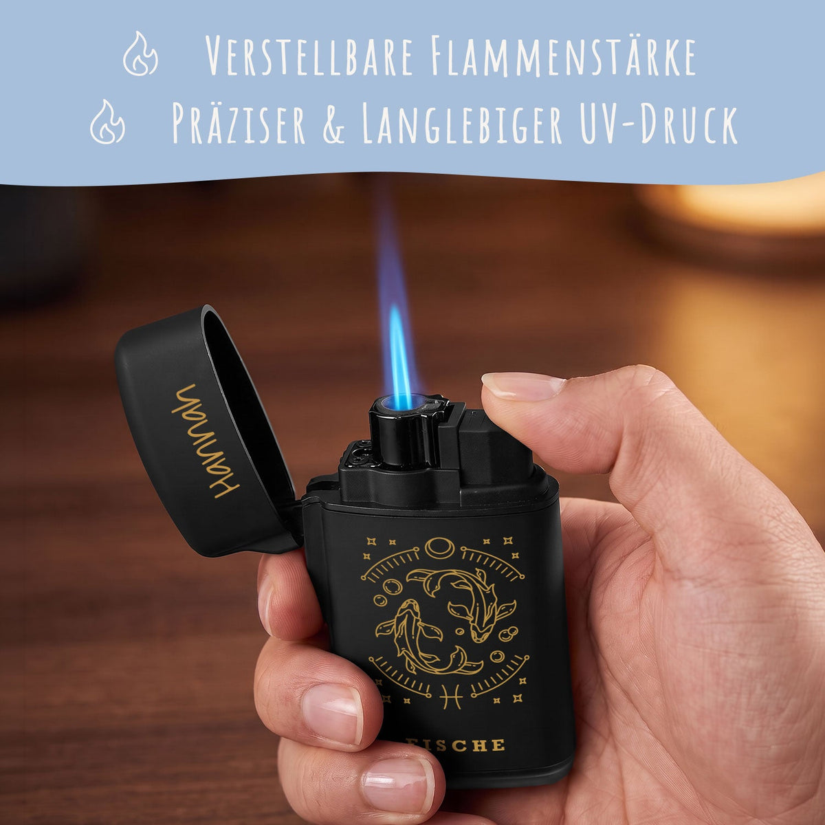 Personalisierbares Feuerzeug mit UV Druck - Jet Flamme - Nachfüllbar - Sternzeichen Design