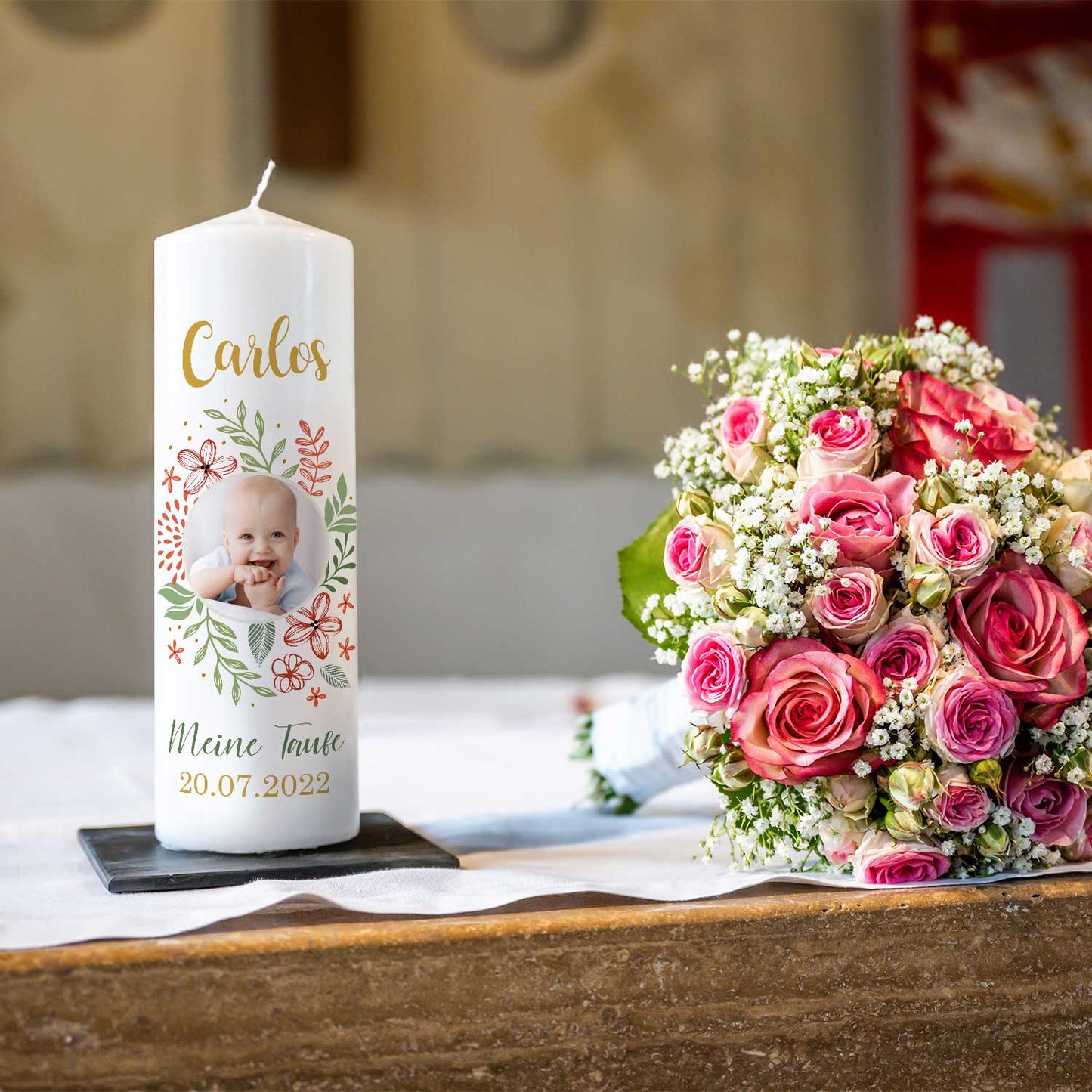 Große Kerze "Babyfoto" - Taufkerze mit Namen, Foto & Datum