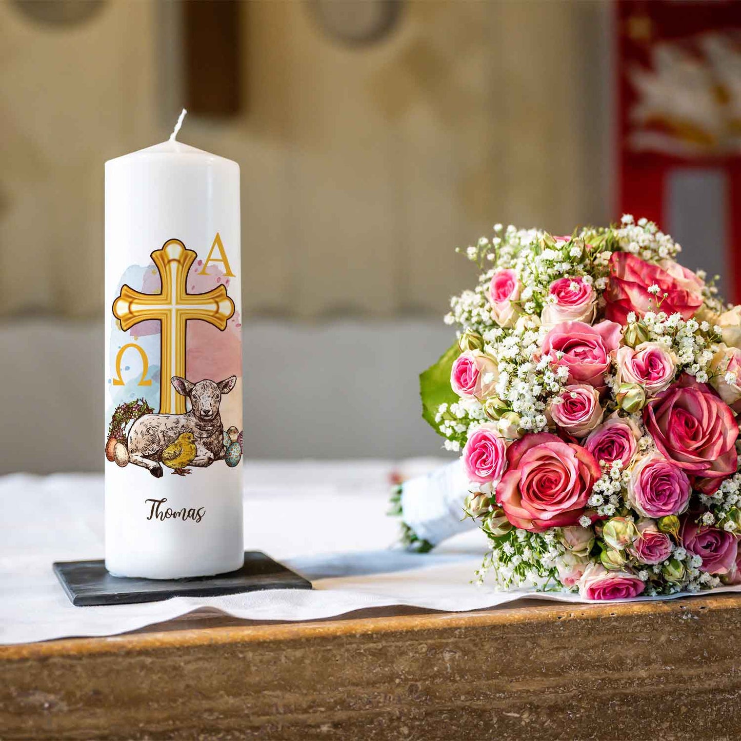 Große Kerze "Osterlamm" mit Namen zu Ostern