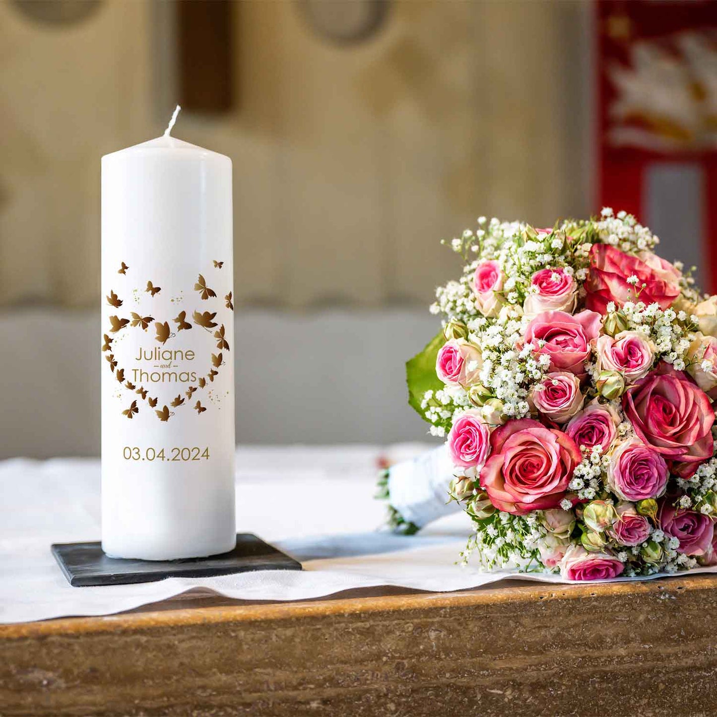 Große Kerze "Schmetterlingsherz" - Hochzeitskerze mit Namen & Datum