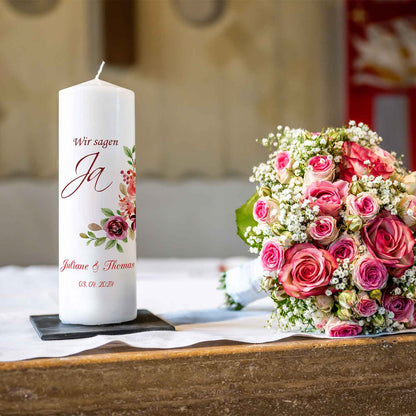 Große Kerze "Wir sagen Ja" - Hochzeitskerze mit Namen, Datum und Wunschtext