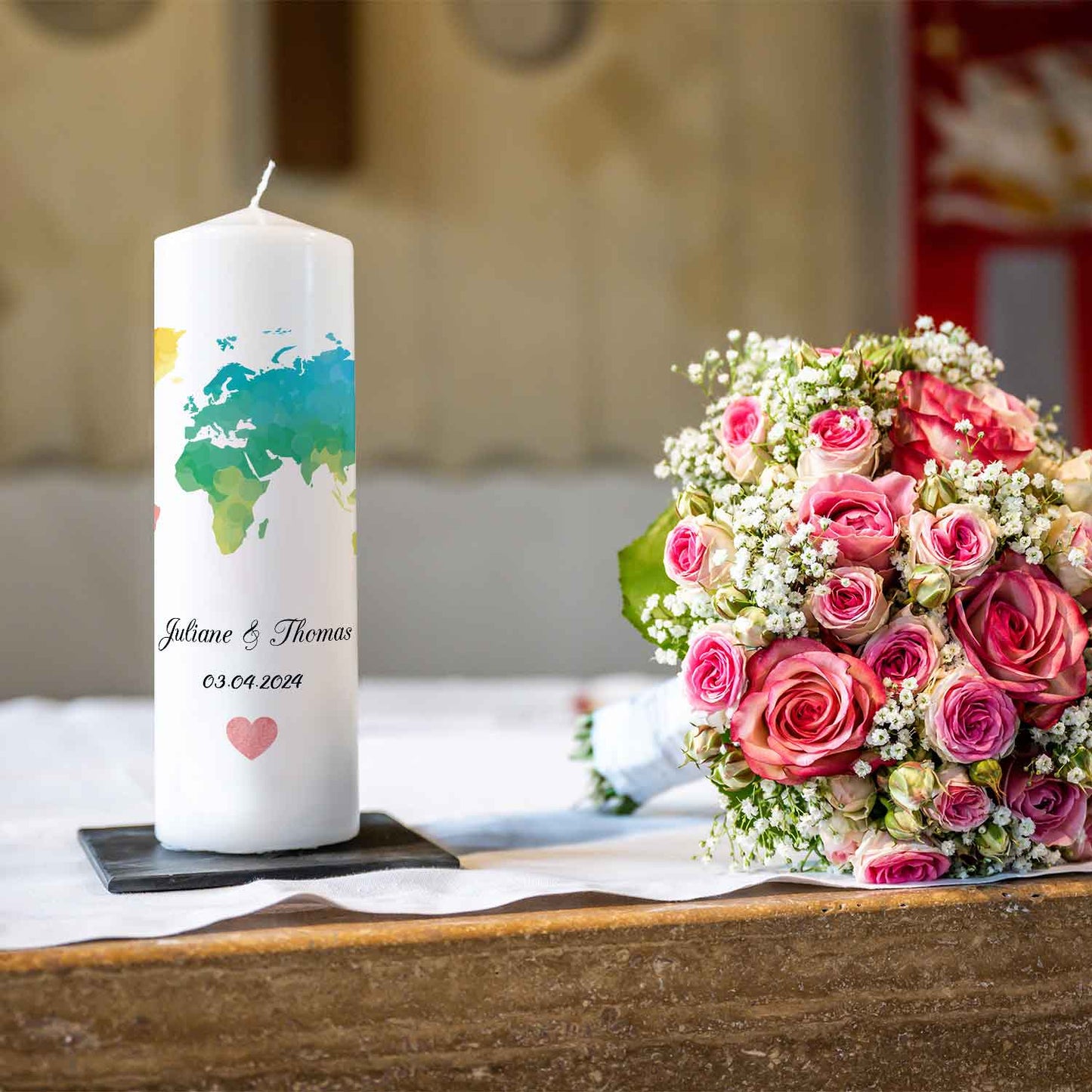 Große Kerze "Weltkarte" Hochzeitskerze mit Namen, Datum und Wunschtext